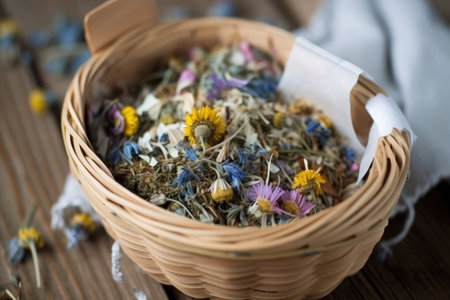 herbal tea basket, filled with dried chamomile and cornflower herbs, created with generative aiの素材