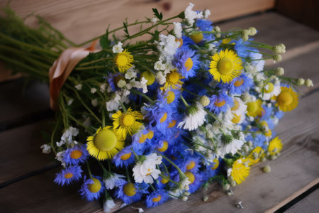 cornflower and chamomile bouquet, ready to be delivered, created with generative aiの素材