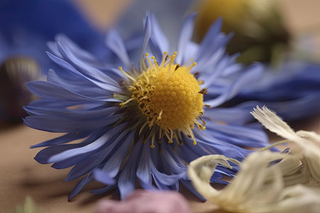 close-up of cornflower petal, with chamomile in the background, created with generative aiの素材