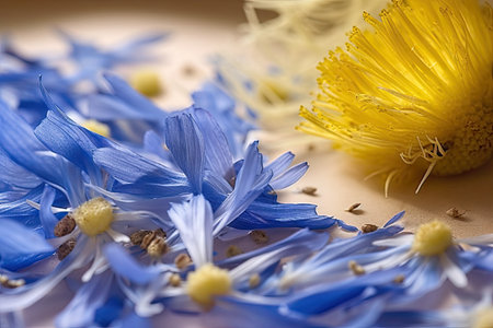 close-up of cornflower petal, with chamomile in the background, created with generative aiの素材