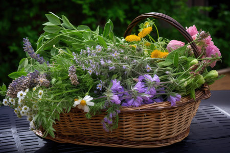 basket of fresh herbs and flowers for cooking or relaxation, created with generative aiの素材