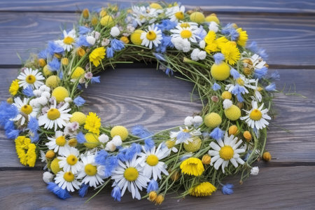 wreath of fresh chamomile and cornflowers for relaxation, created with generative aiの素材