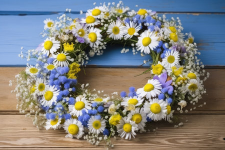 wreath of fresh chamomile and cornflowers for relaxation, created with generative aiの素材