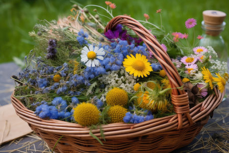 basket of cornflowers, chamomile, and other herbs for tea, created with generative aiの素材