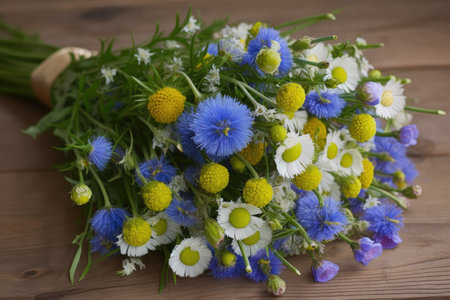 cornflower and chamomile bouquet, ready to be delivered, created with generative aiの素材