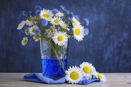 cornflowers and chamomiles in vase with water on tabletop, created with generative aiの素材