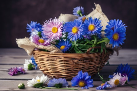 cornflowers and chamomiles in a basket on a table, created with generative aiの素材