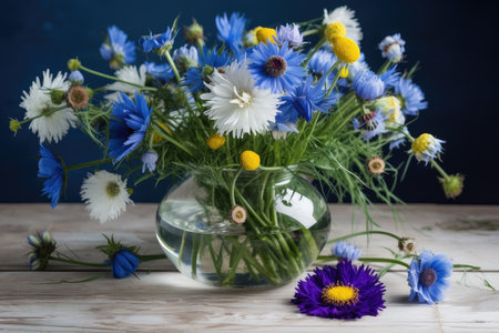 freshly picked cornflowers and chamomiles in clear vase, created with generative aiの素材