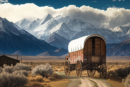 covered wagon pass, with snow-capped mountains in the background, created with generative aiの素材