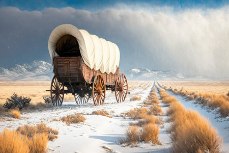 covered wagon traveling through snowy landscape, created with generative aiの素材
