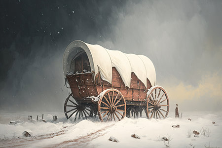covered wagon in the midst of a blizzard, with snow swirling around it, created with generative aiの素材