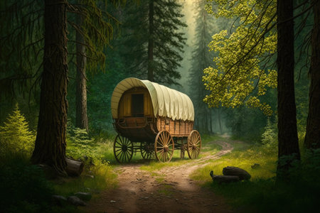 covered wagon through forest, with trees in the background, created with generative aiの素材