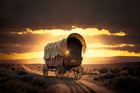 covered wagon on a desolate highway with the sun setting in the distance, created with generative aiの素材
