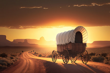 covered wagon on a desolate highway with the sun setting in the distance, created with generative aiの素材