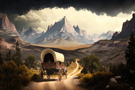 covered wagon speeding down winding trail overlooking majestic mountain range, created with generative aiの素材