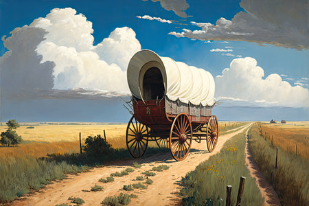covered wagon on a country road, with rolling fields and blue sky in the background, created with generative aiの素材