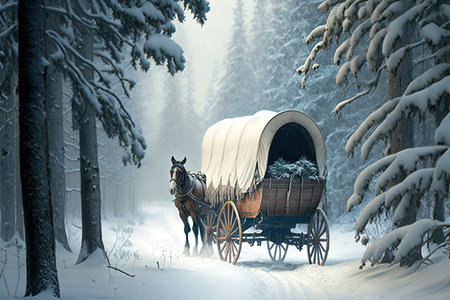 covered wagon traveling through snow-covered forest, created with generative aiの素材
