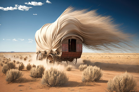 tumbleweed blowing across the plains in the background of a covered wagon, created with generative aiの素材