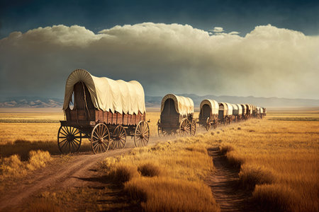 wagon train of covered wagons traversing vast expanse of open prairie, created with generative aiの素材