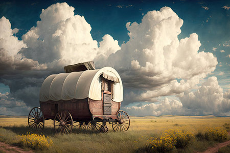 covered wagon in peaceful meadow, with horses and clouds in the sky, created with generative aiの素材