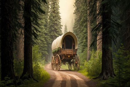 covered wagon, surrounded by forest of tall trees, on a winding path, created with generative aiの素材