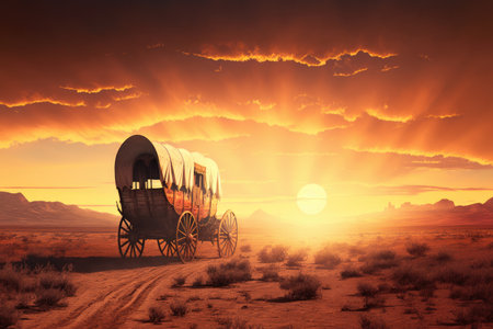 covered wagon rolling across deserted plain with the sunset in the background, created with generative aiの素材
