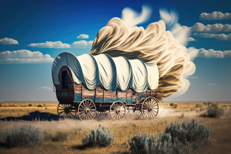 covered wagon speeding across open field with the wind in its sails, created with generative aiの素材