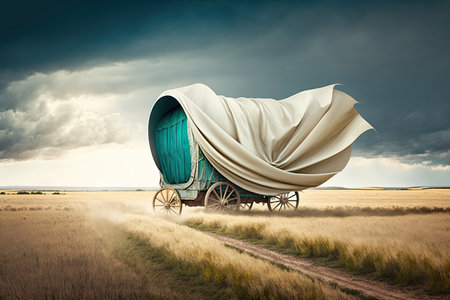 covered wagon speeding across open field with the wind in its sails, created with generative aiの素材