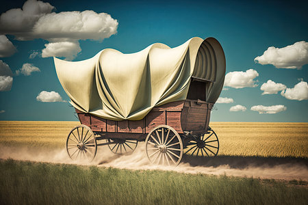 covered wagon speeding across open field with the wind in its sails, created with generative aiの素材