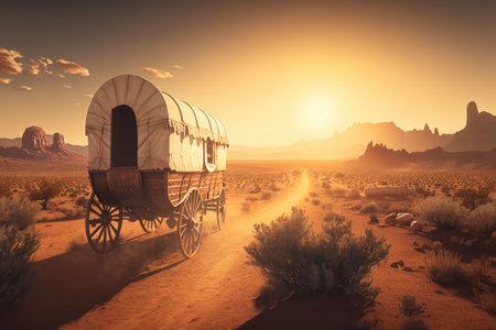 covered wagon traversing sun-drenched desert, with the horizon in the distance, created with generative aiの素材