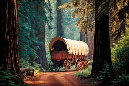 covered wagon surrounded by towering redwood trees in peaceful forest, created with generative aiの素材