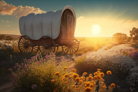 covered wagon in a field full of wildflowers with the sun shining down, created with generative aiの素材