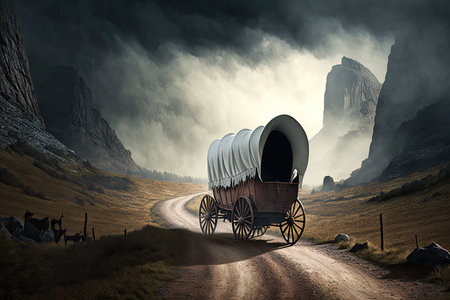 covered wagon on a winding mountain road with dramatic scenery, created with generative aiの素材