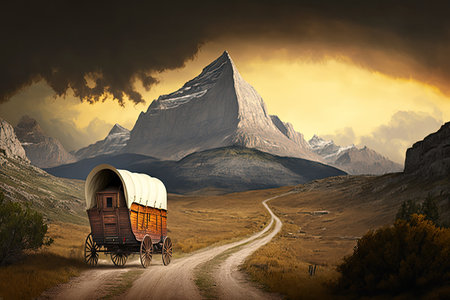 covered wagon on a winding mountain road with dramatic scenery, created with generative aiの素材