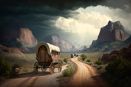 covered wagon on a winding mountain road with dramatic scenery, created with generative aiの素材