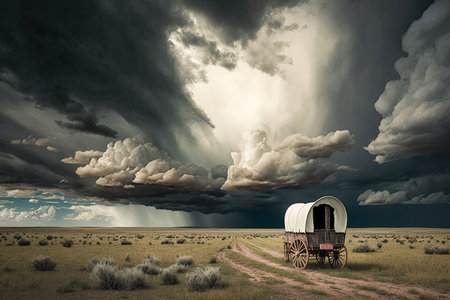 covered wagon in the middle of vast open plain, with storm clouds overhead, created with generative aiの素材