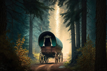 covered wagon passing through forest, with trees in the background, created with generative aiの素材