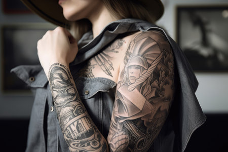 cowgirl with intricate and detailed tattoo on arm, created with generative aiの素材