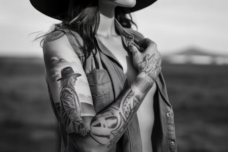 cowgirl with intricate and detailed tattoo on arm, created with generative aiの素材