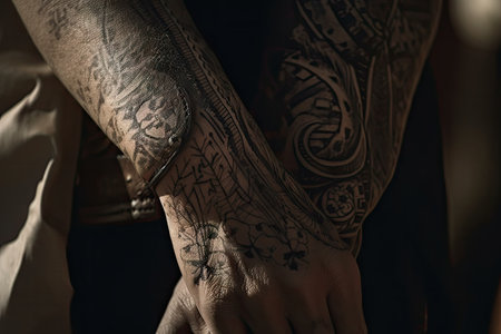 close-up of cowboys arm, with intricate tattoo designs visible, created with generative aiの素材