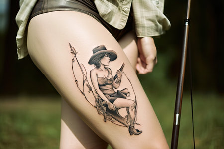cowgirl with riding crop and lasso in thigh tattoo, created with generative aiの素材