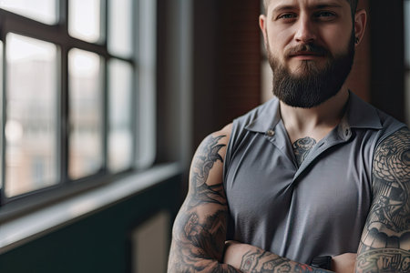 coworker with cowboy tattoo showing off his ink at the office, created with generative aiの素材