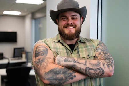 coworker with cowboy tattoo showing off his ink at the office, created with generative aiの素材