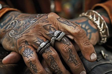 close-up of cowboys leathery hand, with intricate tattoo adorning each finger, created with generative aiの素材