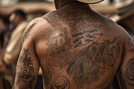 close-up of cowboys tattoo, showing intricate details of the design, created with generative aiの素材