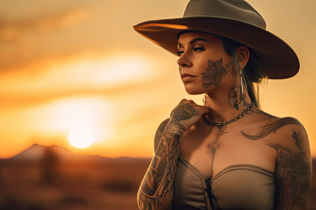 cowgirl with tattoo of lasso on her arm, and sunset in the background, created with generative aiの素材