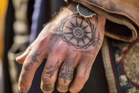 close-up of cowboys hand, with intricate and detailed tattoo visible, created with generative aiの素材