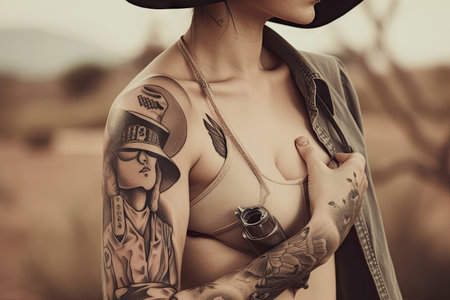 cowgirl with vintage-inspired tattoo of horse, pistol and lasso, created with generative aiの素材