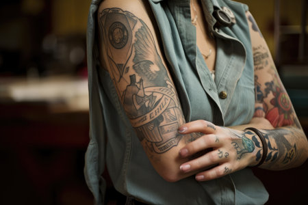 cowgirl with vintage-inspired tattoo of horse, pistol and lasso, created with generative aiの素材
