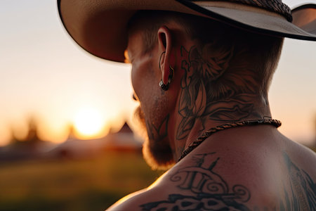 close-up of cowboys neck tattoo, with the sun setting in the background, created with generative aiの素材